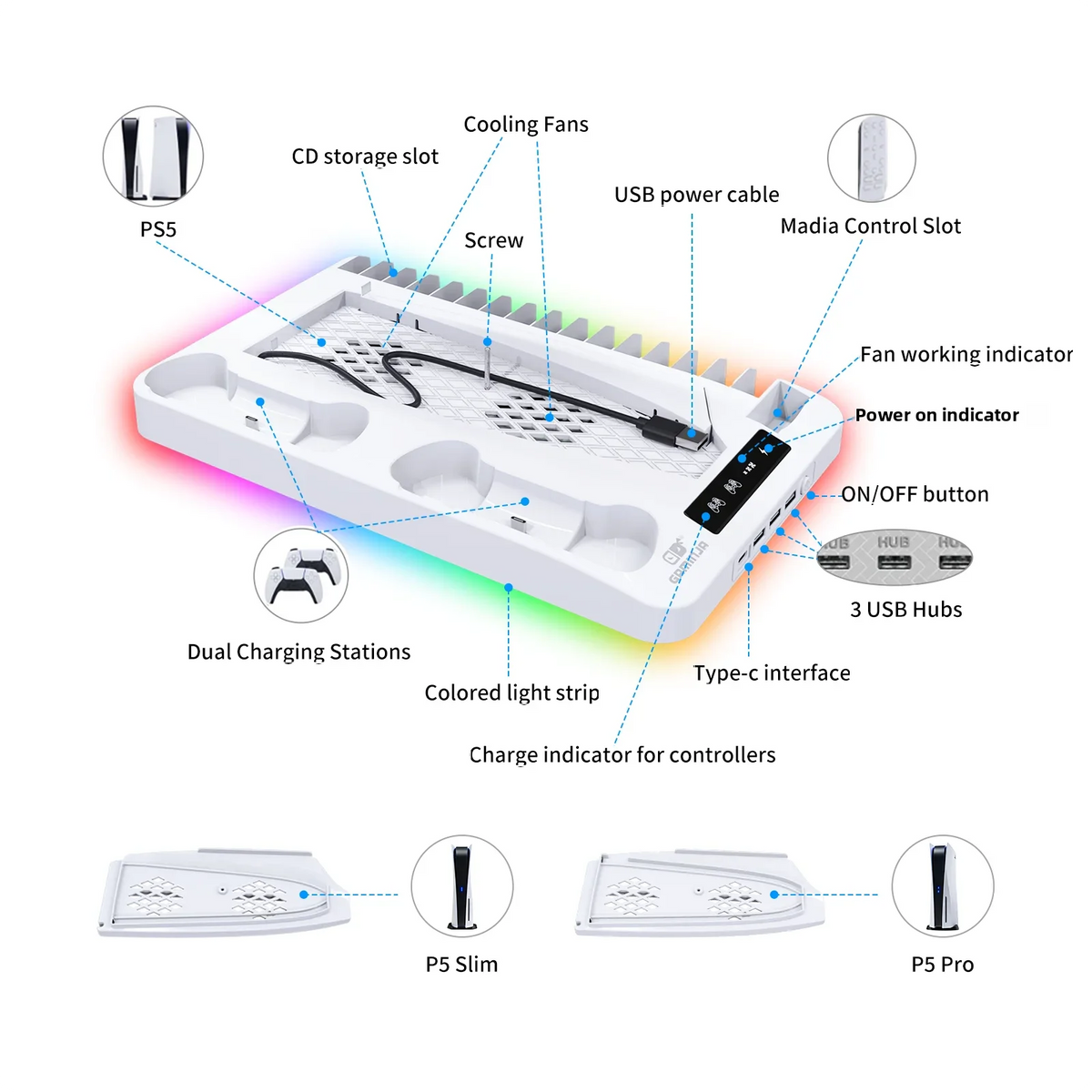 Support PS5 P58 avec Refroidissement RGB et Station de Charge Double pour Manettes – Accessoire Compatible PlayStation 5