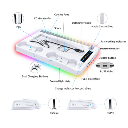 Support PS5 P58 avec Refroidissement RGB et Station de Charge Double pour Manettes – Accessoire Compatible PlayStation 5